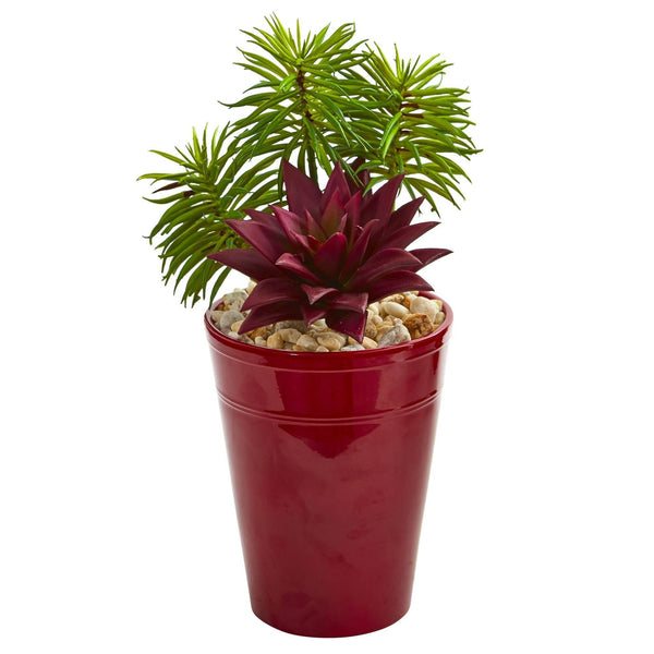 Mixed Succulents Artificial Plant in Burgundy Vase (Set of 2)