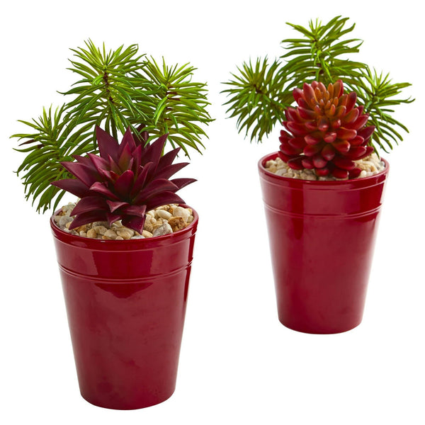 Mixed Succulents Artificial Plant in Burgundy Vase (Set of 2)