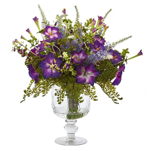 Morning Glory Artificial Arrangement in Royal Glass Urn