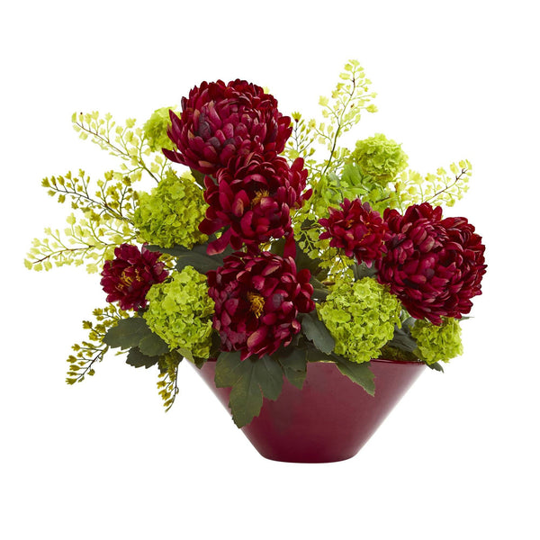 Mums & Hydrangeas Artificial Arrangement in Red Vase