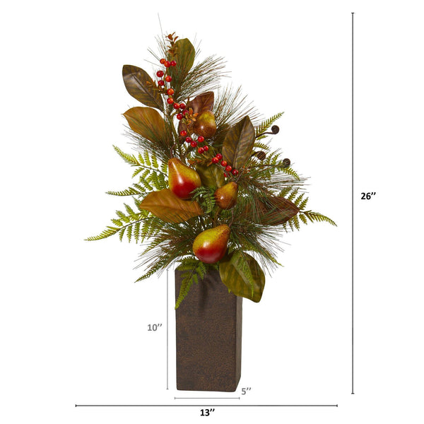Pears, Magnolia Leaf and Fern Artificial Arrangement in Weathered Brown Planter