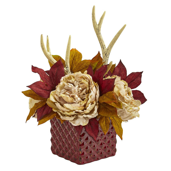 Peony and Antlers Artificial Arrangement in Red Vase