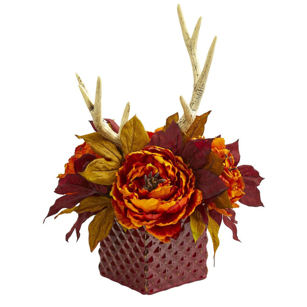 Peony and Antlers Artificial Arrangement in Red Vase