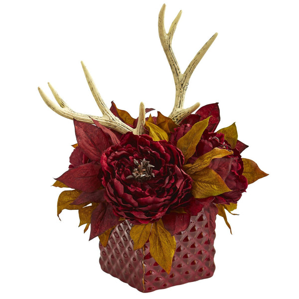 Peony and Antlers Artificial Arrangement in Red Vase