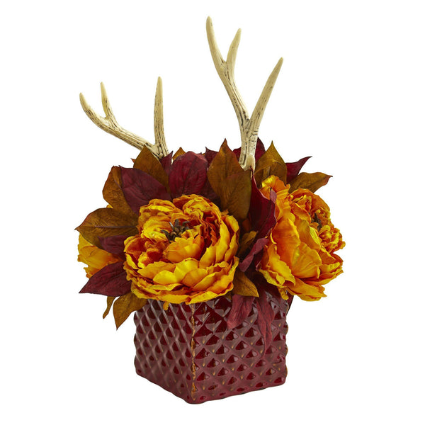 Peony and Antlers Artificial Arrangement in Red Vase