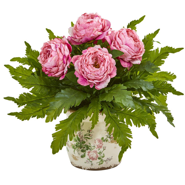 Peony and Fern Artificial Arrangement in Floral Vase