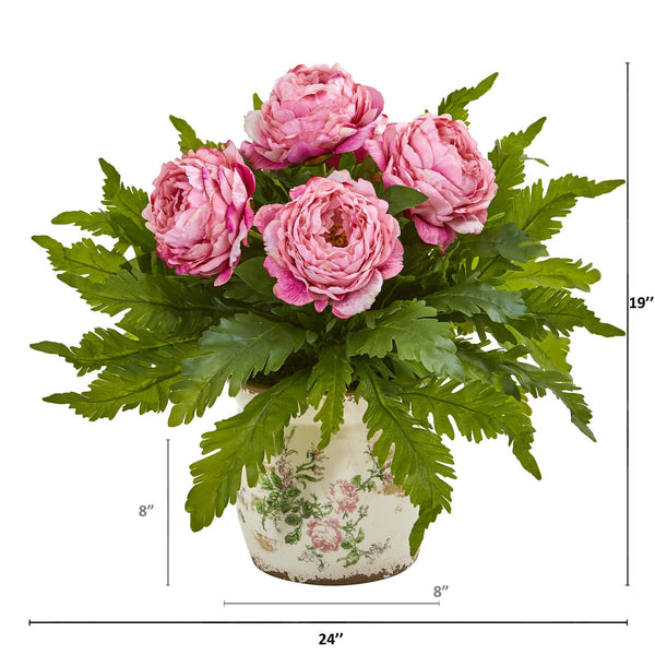 Peony and Fern Artificial Arrangement in Floral Vase