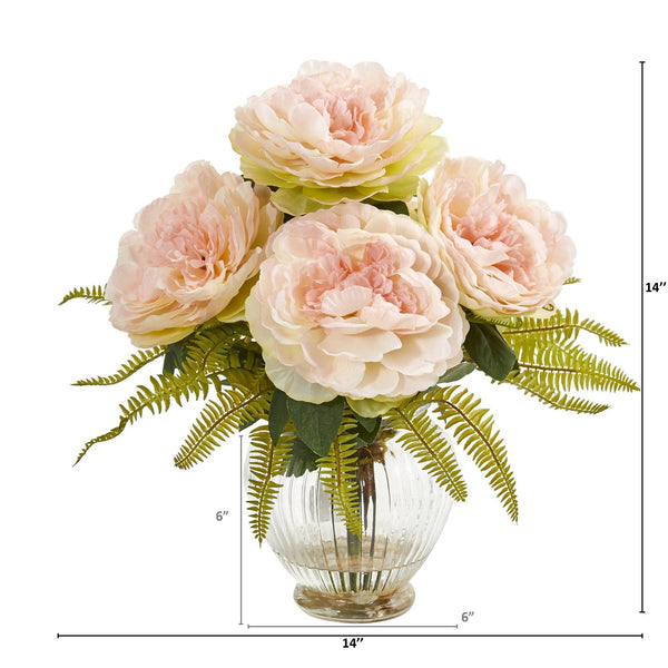 Peony and Fern Artificial Arrangement in Glass Vase