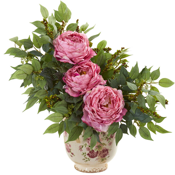 Peony and Mixed Greens Artificial Arrangement in Vase