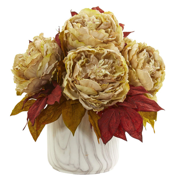 Silk Peony Artificial Arrangement in Marble Finished Vase