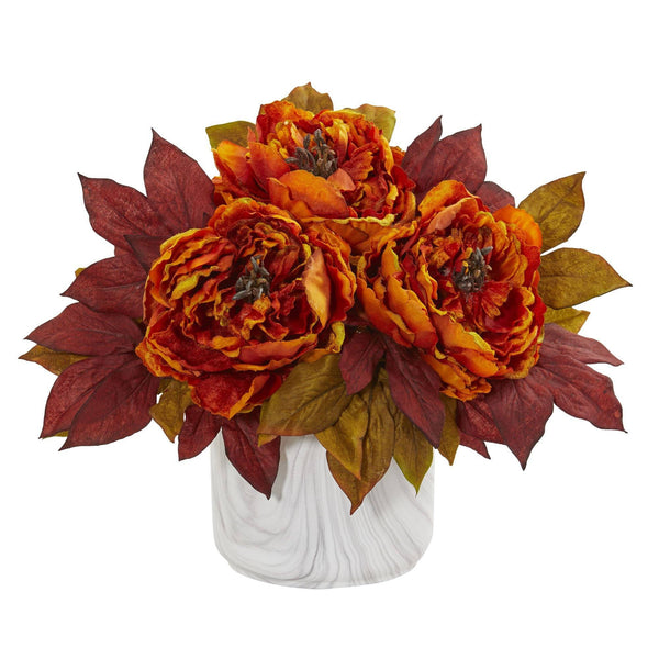 Silk Peony Artificial Arrangement in Marble Finished Vase