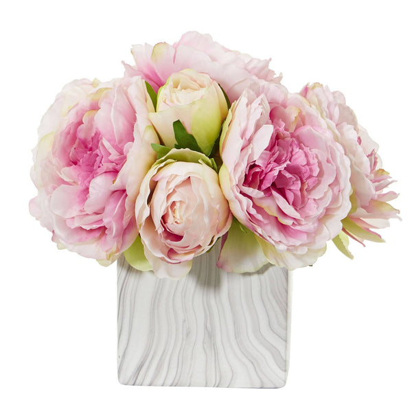 Peony Artificial Arrangement in Marble Finished Vase