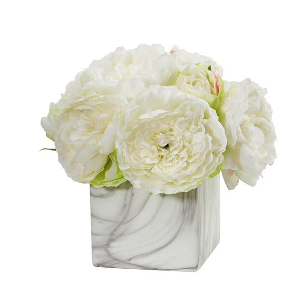 Peony Artificial Arrangement in Marble Finished Vase