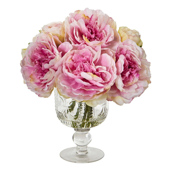 Silk Peony Artificial Arrangement in Royal Clear Glass Urn