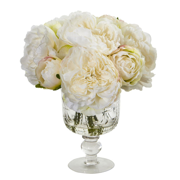 Silk Peony Artificial Arrangement in Royal Clear Glass Urn