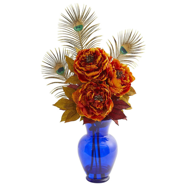 Peony in Blue Vase Artificial Arrangement