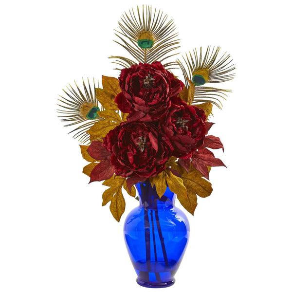 Peony in Blue Vase Artificial Arrangement