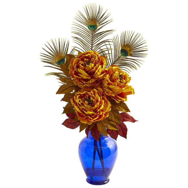 Peony in Blue Vase Artificial Arrangement