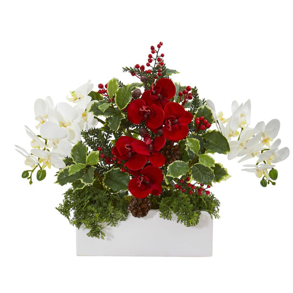 Phalaenopsis Orchid and Variegated Holly Artificial Arrangement