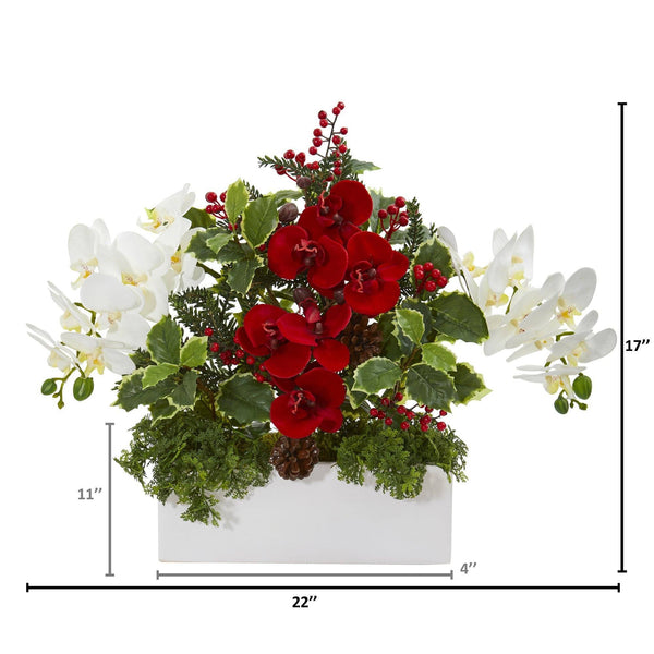Phalaenopsis Orchid and Variegated Holly Artificial Arrangement