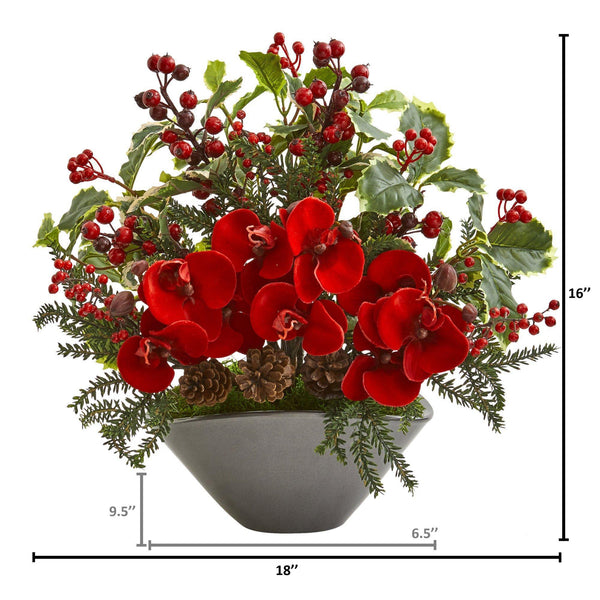 Phalaenopsis Orchid and Variegated Holly Berry Artificial Arrangement