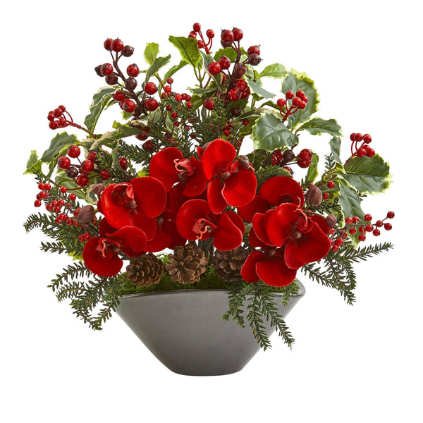 Phalaenopsis Orchid and Variegated Holly Berry Artificial Arrangement