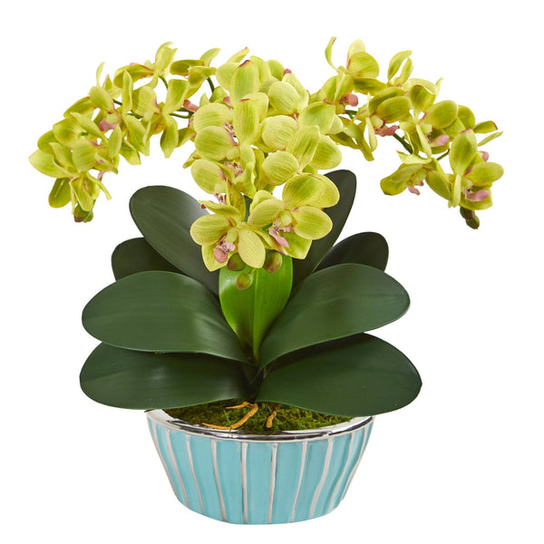 Phalaenopsis Orchid Artificial Arrangement in Designer Turquoise Vase
