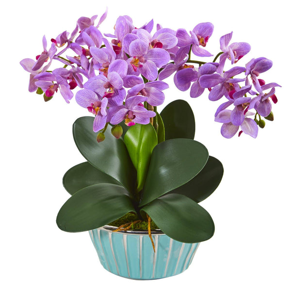 Phalaenopsis Orchid Artificial Arrangement in Designer Turquoise Vase