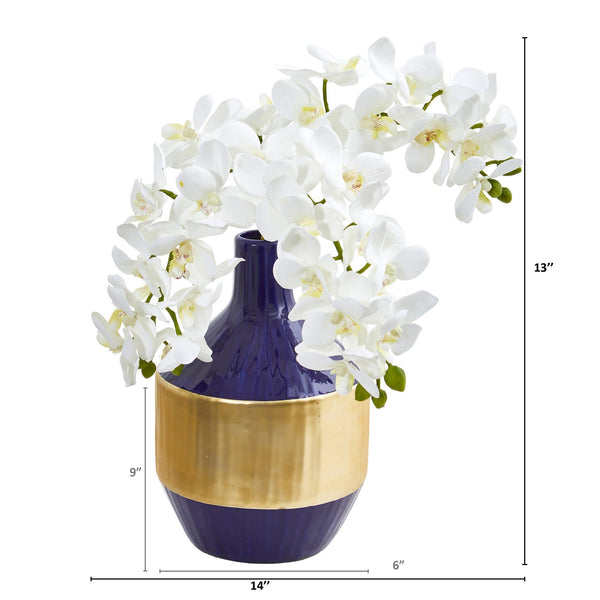 Phalaenopsis Orchid Artificial in Blue and Gold Designer Vase