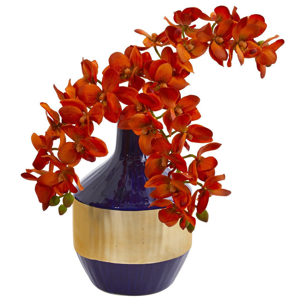 Phalaenopsis Orchid Artificial in Blue and Gold Designer Vase