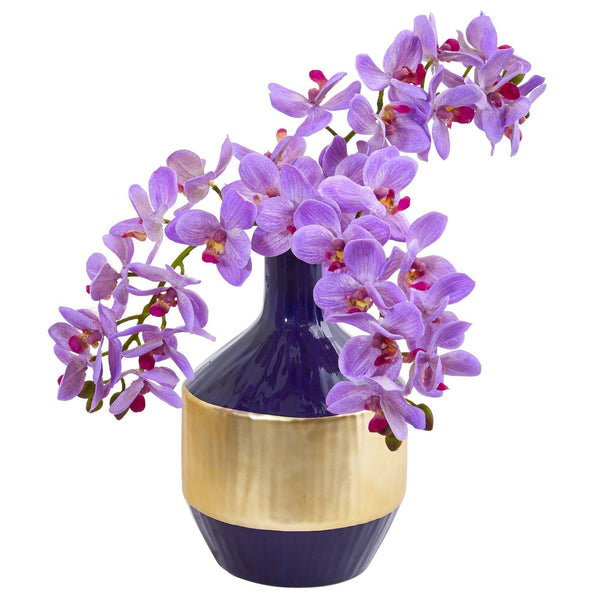 Phalaenopsis Orchid Artificial in Blue and Gold Designer Vase