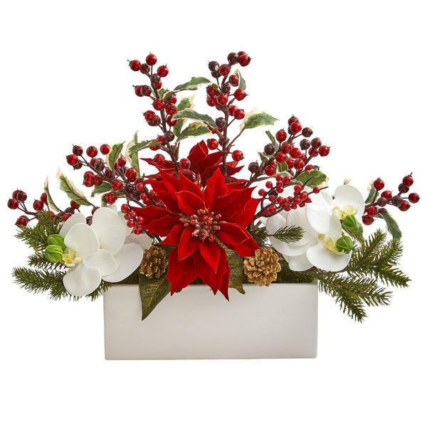 Phalaenopsis Orchid, Poinsettia and Holly Berry Artificial Arrangement