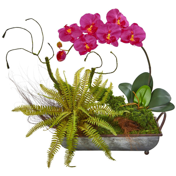 Phelaenopsis Orchid and Fern Artificial Arrangement in Metal Tray