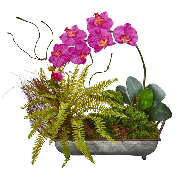 Phelaenopsis Orchid and Fern Artificial Arrangement in Metal Tray