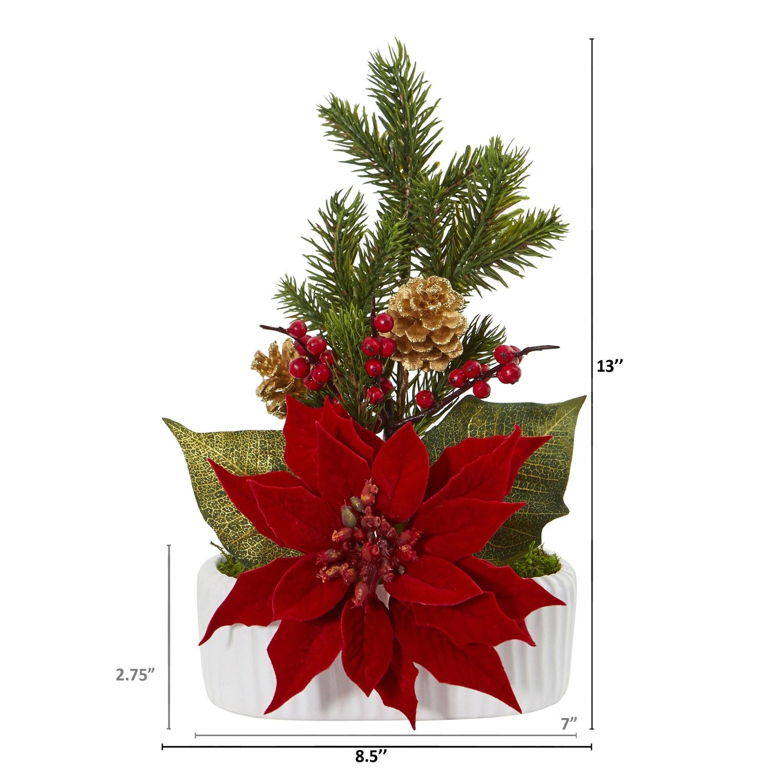 Poinsettia, Berry and Pine Artificial Arrangement in White Vase