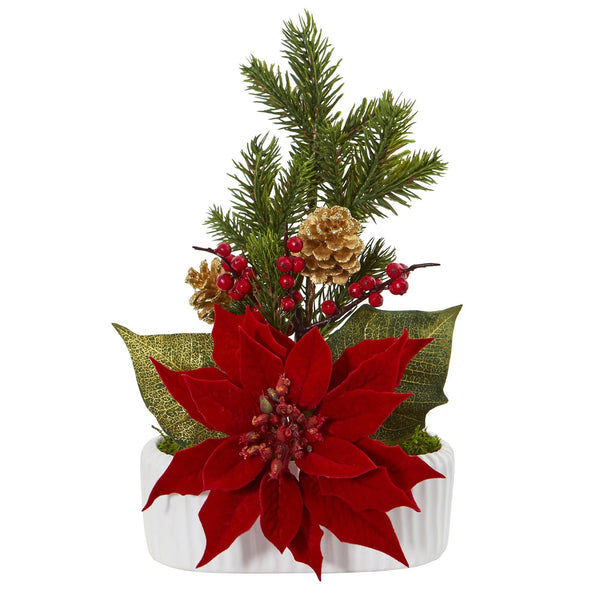 Poinsettia, Berry and Pine Artificial Arrangement in White Vase