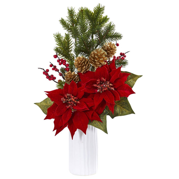 Poinsettia Berry Artificial Arrangement in White Vase