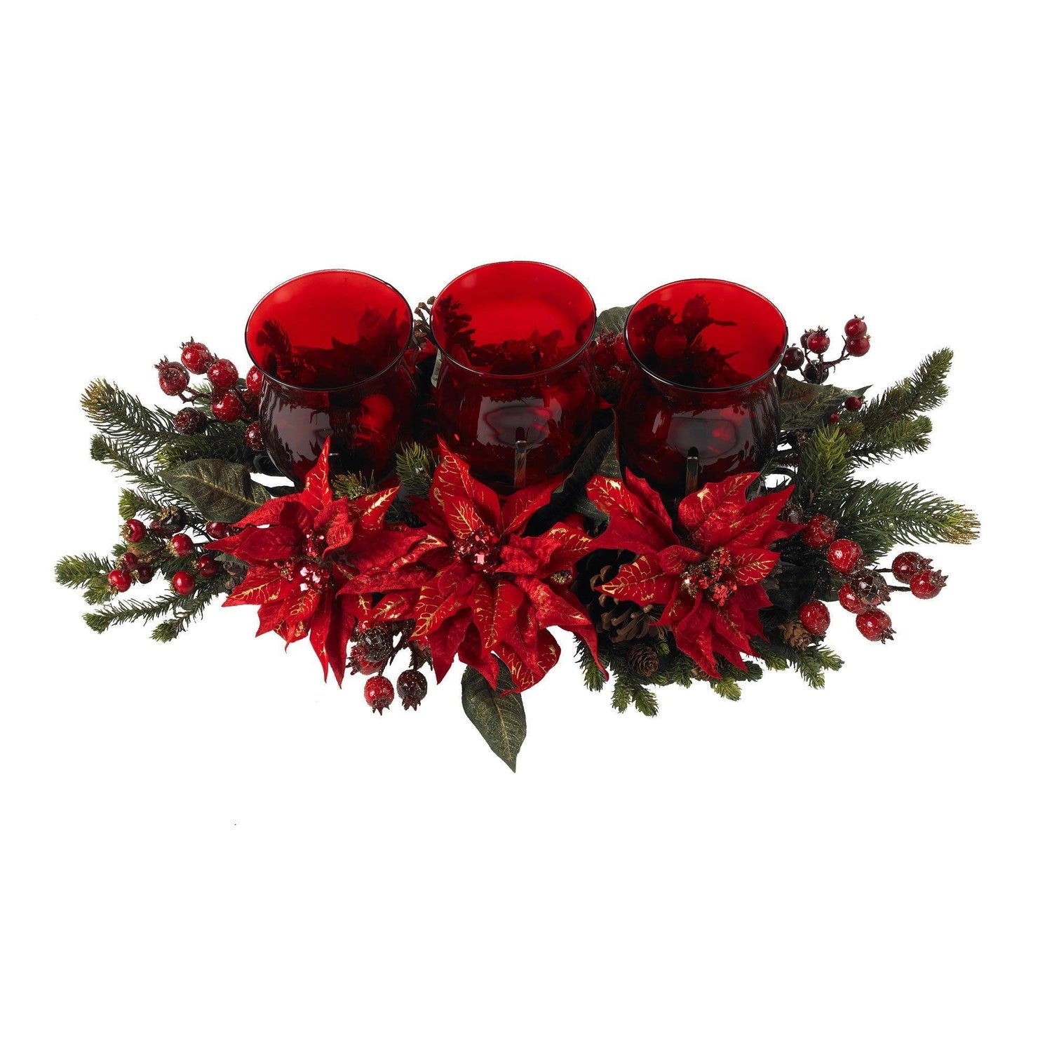 Poinsettia & Berry Triple Candle Holder