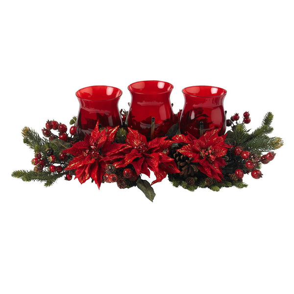 Poinsettia & Berry Triple Candle Holder