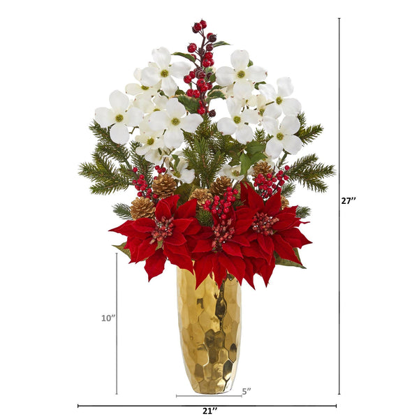 Poinsettia, Dogwood, Holly Berry and Pine Artificial Arrangement in Gold Vase