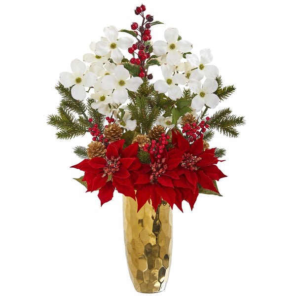 Poinsettia, Dogwood, Holly Berry and Pine Artificial Arrangement in Gold Vase