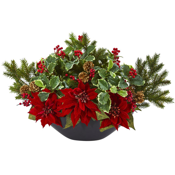 Poinsettia, Holly, Berry and Pine Artificial Arrangement