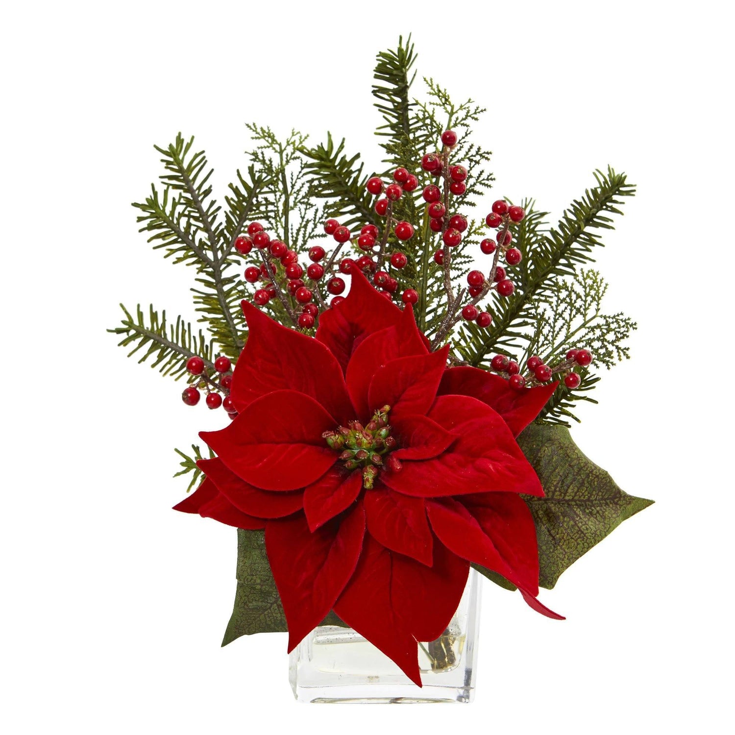 Poinsettia, Pine and Berries in Vase Artificial Arrangement