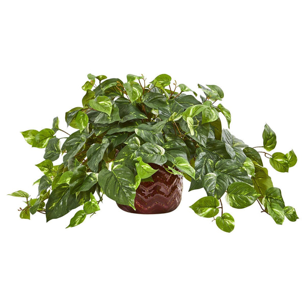 Pothos Artificial Plant in Design Red Vase