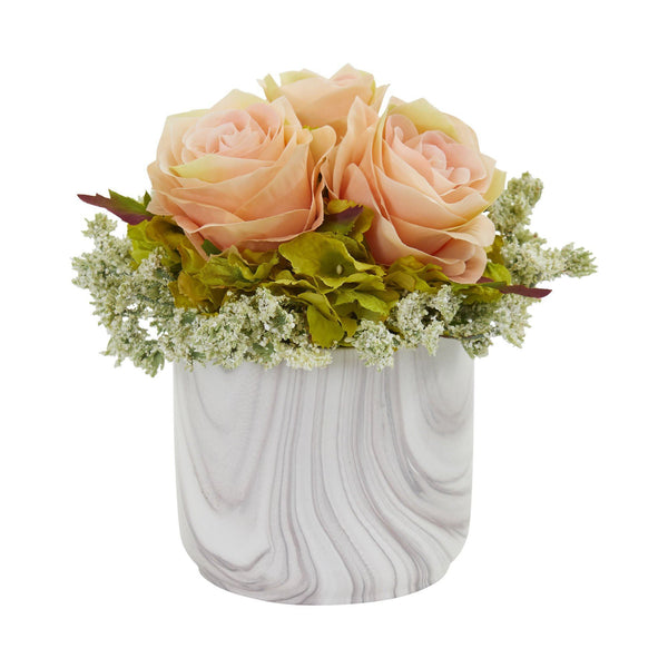 Rose and Hydrangea Artificial Arrangement in Marble Finished Vase