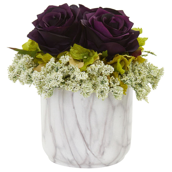 Rose and Hydrangea Artificial Arrangement in Marble Finished Vase