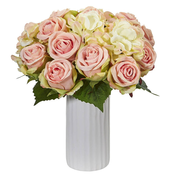 Rose and Hydrangea Artificial Arrangement in White Vase
