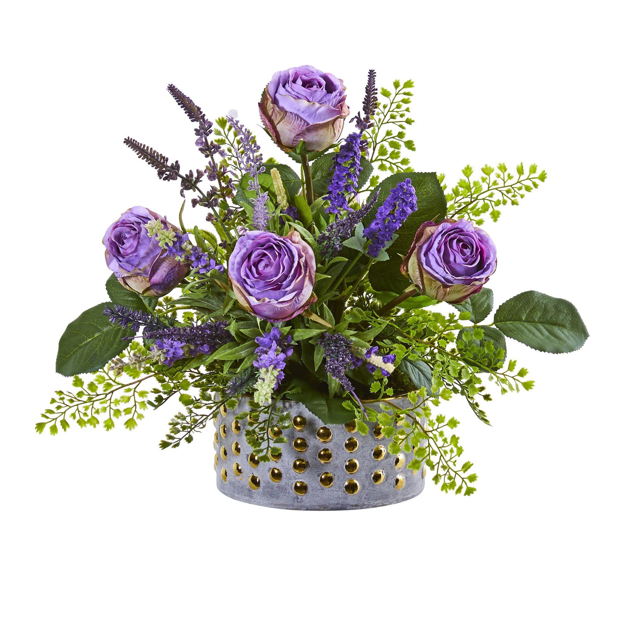 Rose and Lavender Artificial Arrangement in Designer Vase | Nearly Natural