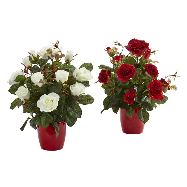Rose Artificial Plant in Red Planter (Set of 2)