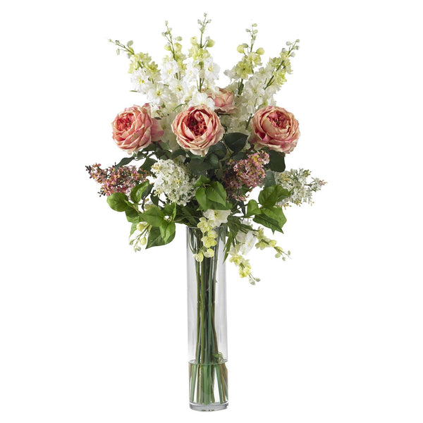 Rose, Delphinium and Lilac Silk Flower Arrangement